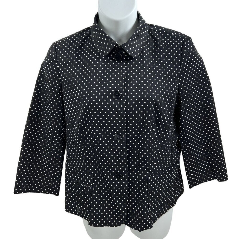 Talbots Womens 16 Black White Polka Dot Button Front 3/4 Sleeve Pockets Blazer
